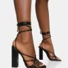 Nyla Black Patent Strappy Lace Up Square Toe Block Heels