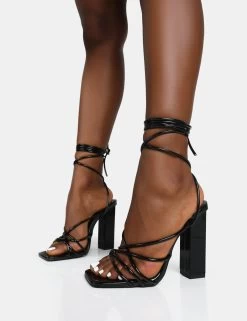 Nyla Black Patent Strappy Lace Up Square Toe Block Heels -Chic Footwear Shop 771A6787