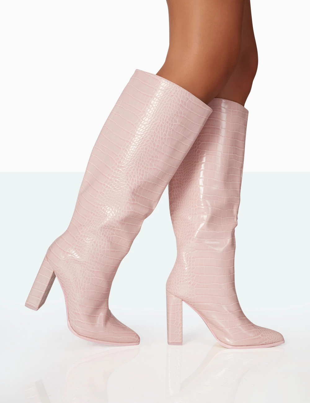 Posie Baby Pink Croc PU Knee High Block Heel Boots 4 Posie Baby Pink Croc PU Knee High Block Heel Boots - Image 2