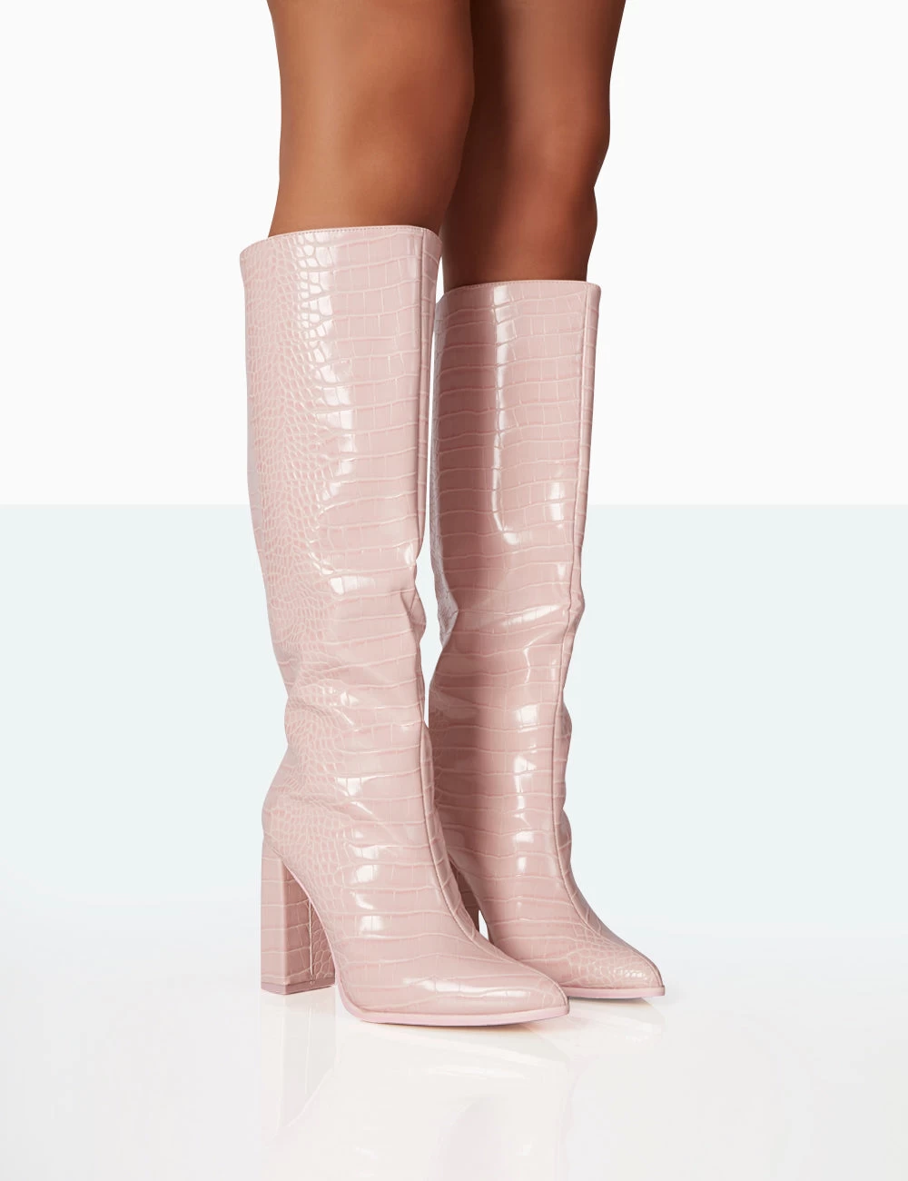 Posie Baby Pink Croc PU Knee High Block Heel Boots 3 Posie Baby Pink Croc PU Knee High Block Heel Boots