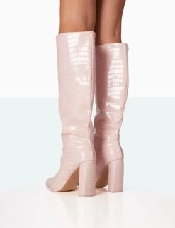 Posie Baby Pink Croc PU Knee High Block Heel Boots 9 Posie Baby Pink Croc PU Knee High Block Heel Boots -Chic Footwear Shop 771A7019