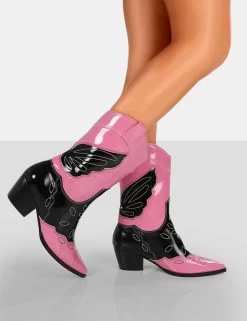 Howdy Pink Patent Pointed Toe Western Cowboy Block Ankle Boots -Chic Footwear Shop 771A7721