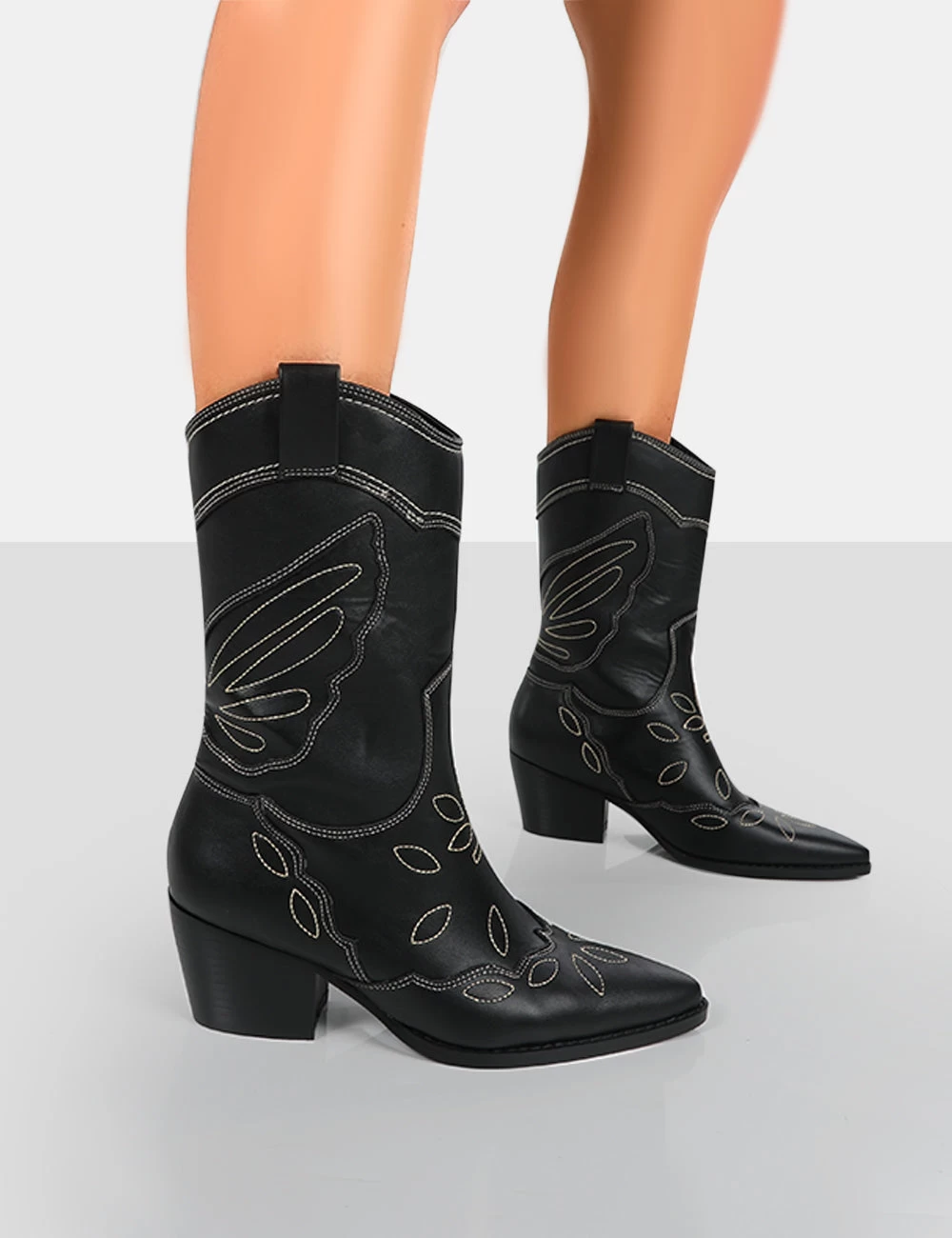 Howdy Black PU Pointed Toe Western Cowboy Block Ankle Boots 3 Howdy Black PU Pointed Toe Western Cowboy Block Ankle Boots