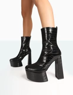 Parker Black Patent Croc Platform Rounded Pointed Toe Block Heeled Ankle Boots -Chic Footwear Shop 771A7855