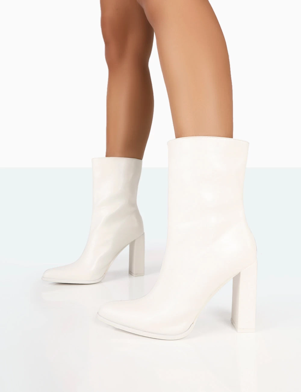 Bridget White PU Pointed Toe Block Heeled Ankle Boots 5 Bridget White PU Pointed Toe Block Heeled Ankle Boots - Image 3
