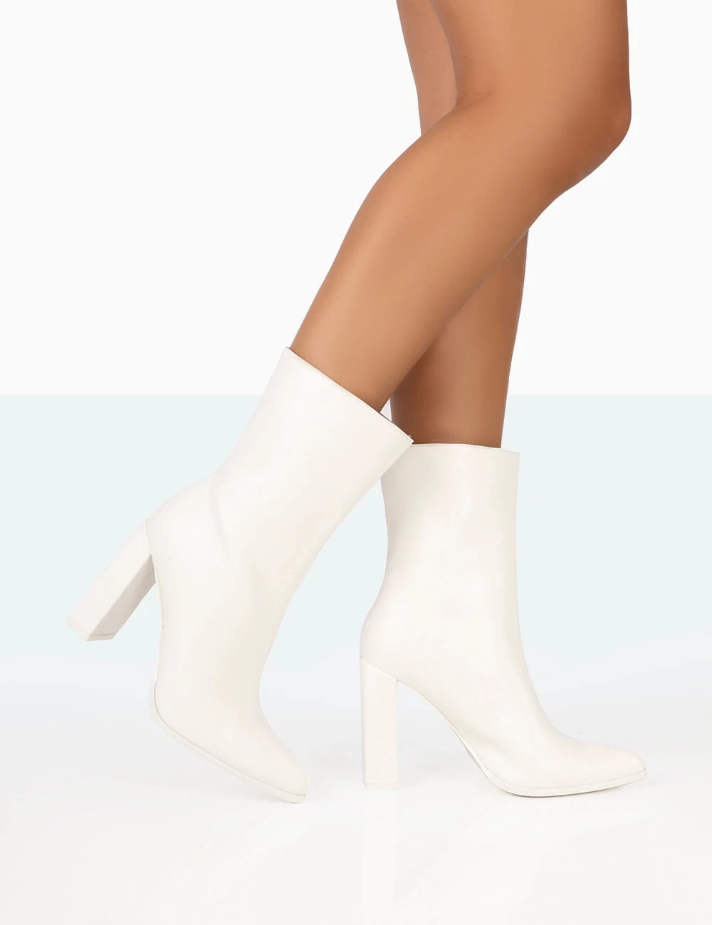 Bridget White PU Pointed Toe Block Heeled Ankle Boots 3 Bridget White PU Pointed Toe Block Heeled Ankle Boots