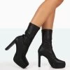 Domini Black Pu Platform Ankle Slim Heeled Boots