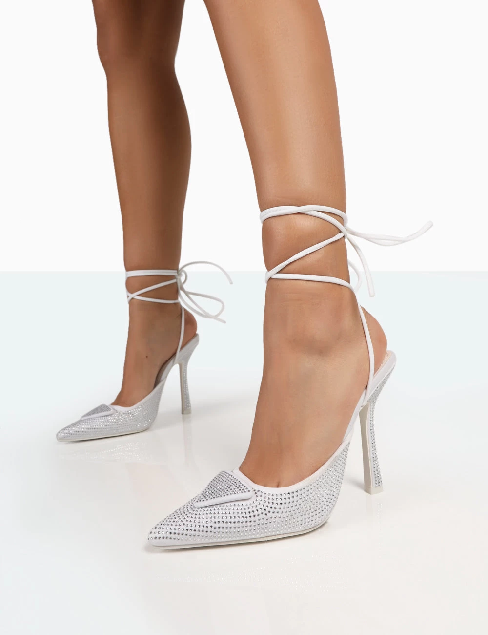 Galaxy Silver Sparkly Diamante Pointed Court Stiletto Toe Lace Up Wrap Around Heels 4 Galaxy Silver Sparkly Diamante Pointed Court Stiletto Toe Lace Up Wrap Around Heels - Image 2