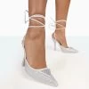 Galaxy Silver Sparkly Diamante Pointed Court Stiletto Toe Lace Up Wrap Around Heels -Chic Footwear Shop 771A8097