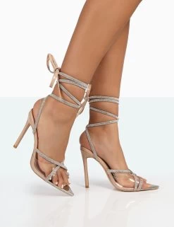 Scout Nude Patent Clear Perspex Sparkly Pointed Toe Diamante Strappy Wrap Around Heels