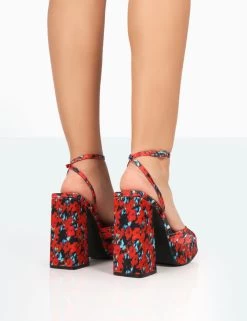 Lyle Red Floral Satin Square Toe Block Platform High Heels -Chic Footwear Shop 771A8158