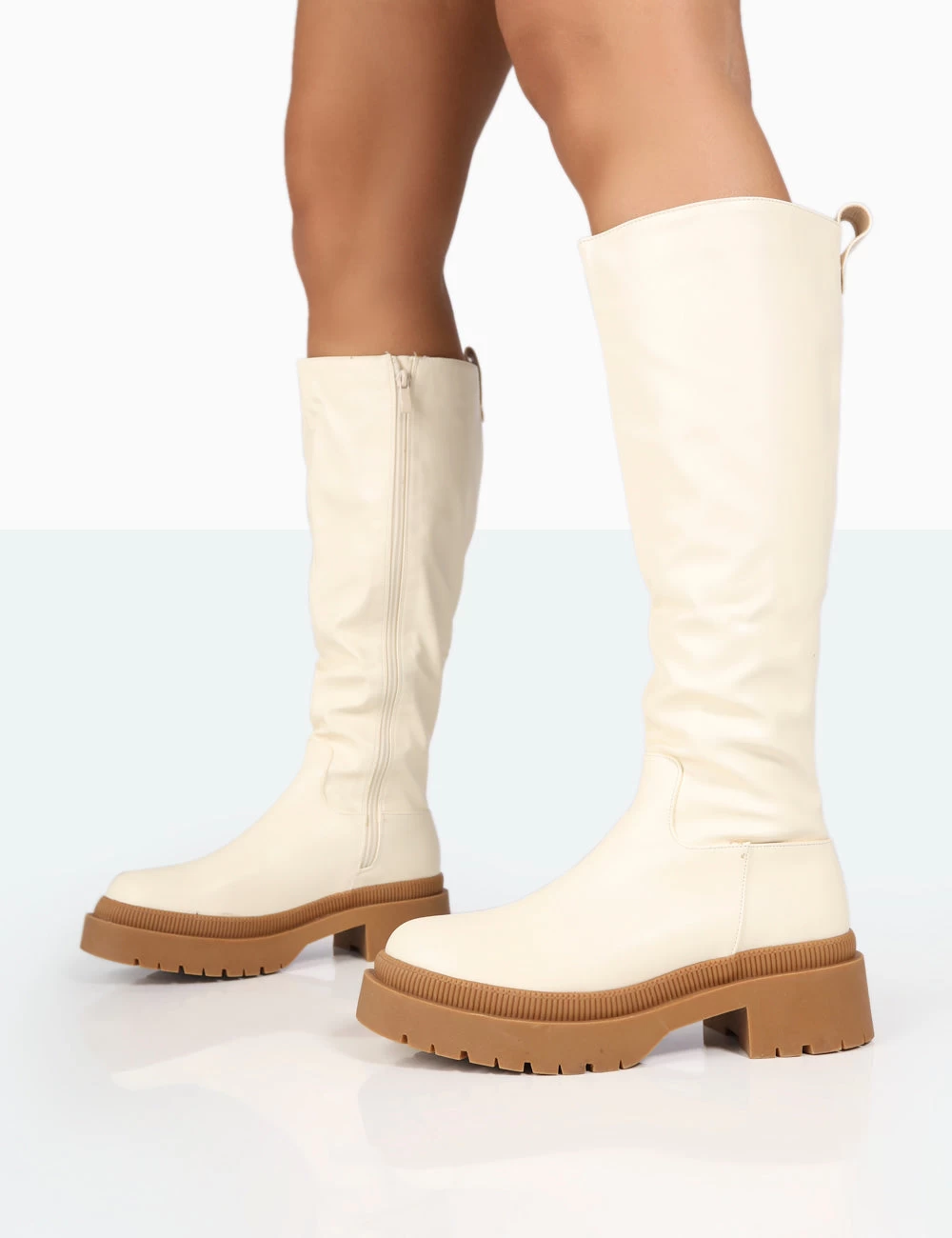 Jersey Ecru Pu Contrasting Chunky Sole Knee High Boots 5 Jersey Ecru Pu Contrasting Chunky Sole Knee High Boots - Image 3