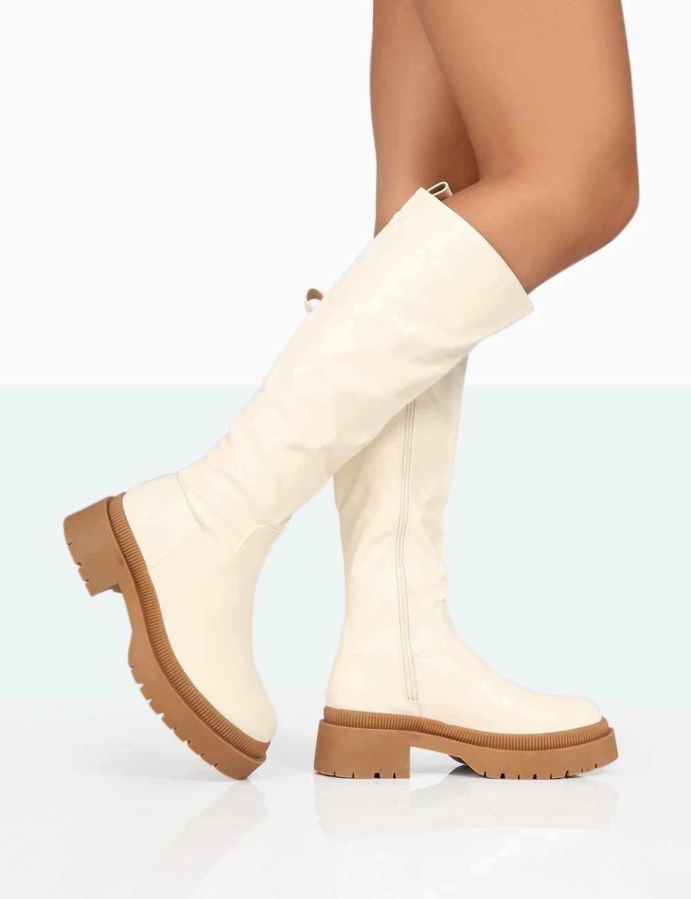 Jersey Ecru Pu Contrasting Chunky Sole Knee High Boots 3 Jersey Ecru Pu Contrasting Chunky Sole Knee High Boots