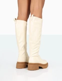 Jersey Ecru Pu Contrasting Chunky Sole Knee High Boots 9 Jersey Ecru Pu Contrasting Chunky Sole Knee High Boots -Chic Footwear Shop 771A8244