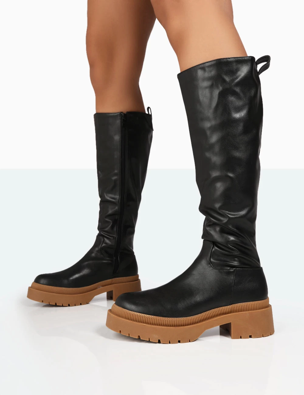 Jersey Black Pu Contrasting Chunky Sole Knee High Boots 4 Jersey Black Pu Contrasting Chunky Sole Knee High Boots - Image 2