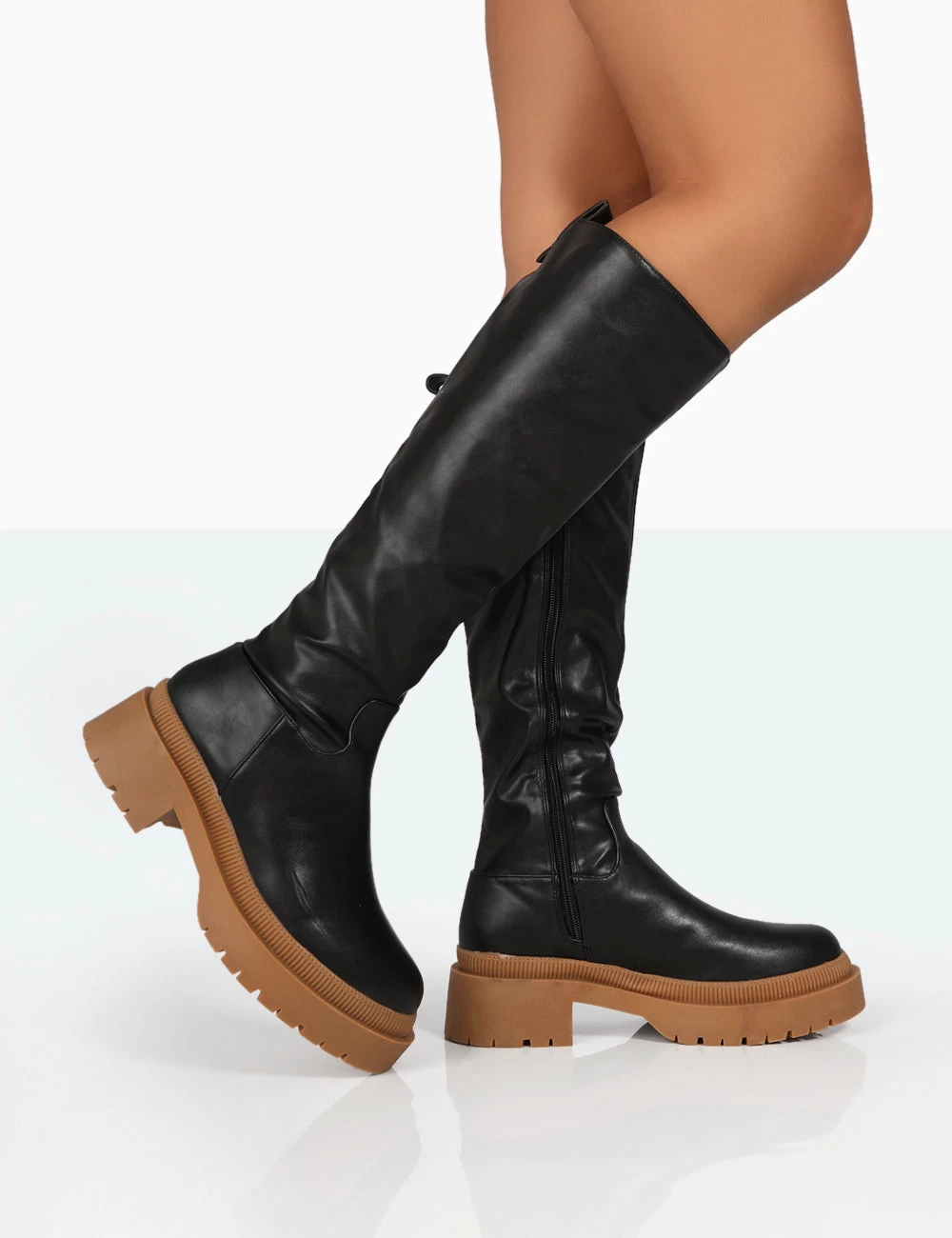 Jersey Black Pu Contrasting Chunky Sole Knee High Boots 3 Jersey Black Pu Contrasting Chunky Sole Knee High Boots
