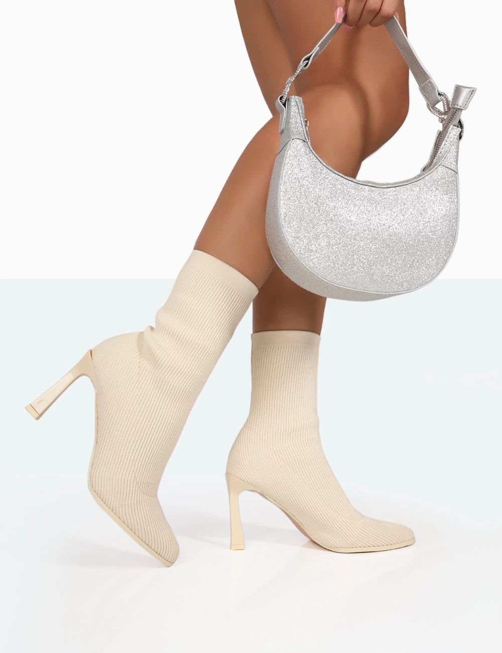 Farah Ecru Knitted Pointed Toe Stiletto Heel Ankle Sock Boots 4 Farah Ecru Knitted Pointed Toe Stiletto Heel Ankle Sock Boots - Image 2