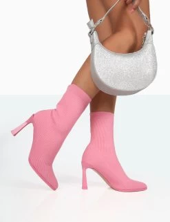 Farah Pink Knitted Pointed Toe Stiletto Heel Ankle Sock Boots -Chic Footwear Shop 771A8308