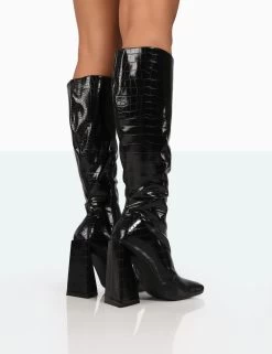 Senna Wide Fit Black Patent Croc Knee High Block Heeled Boots -Chic Footwear Shop 771A8371 270c2558 051c 49b0 a392 9d4a0e3b5a19