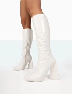 Senna White Croc Pu Knee High Block Heel Boots 7 Senna White Croc Pu Knee High Block Heel Boots -Chic Footwear Shop 771A8373