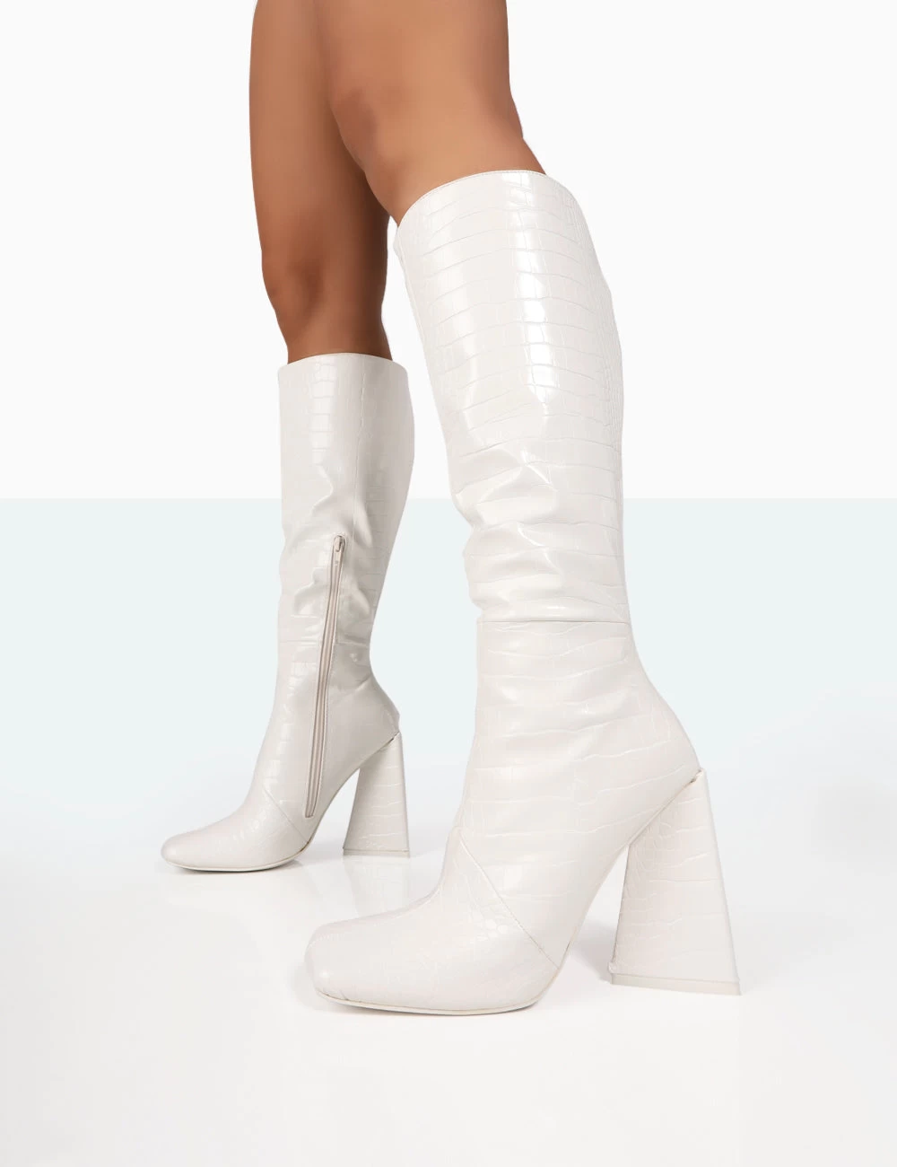 Senna White Croc Pu Knee High Block Heel Boots 4 Senna White Croc Pu Knee High Block Heel Boots - Image 2