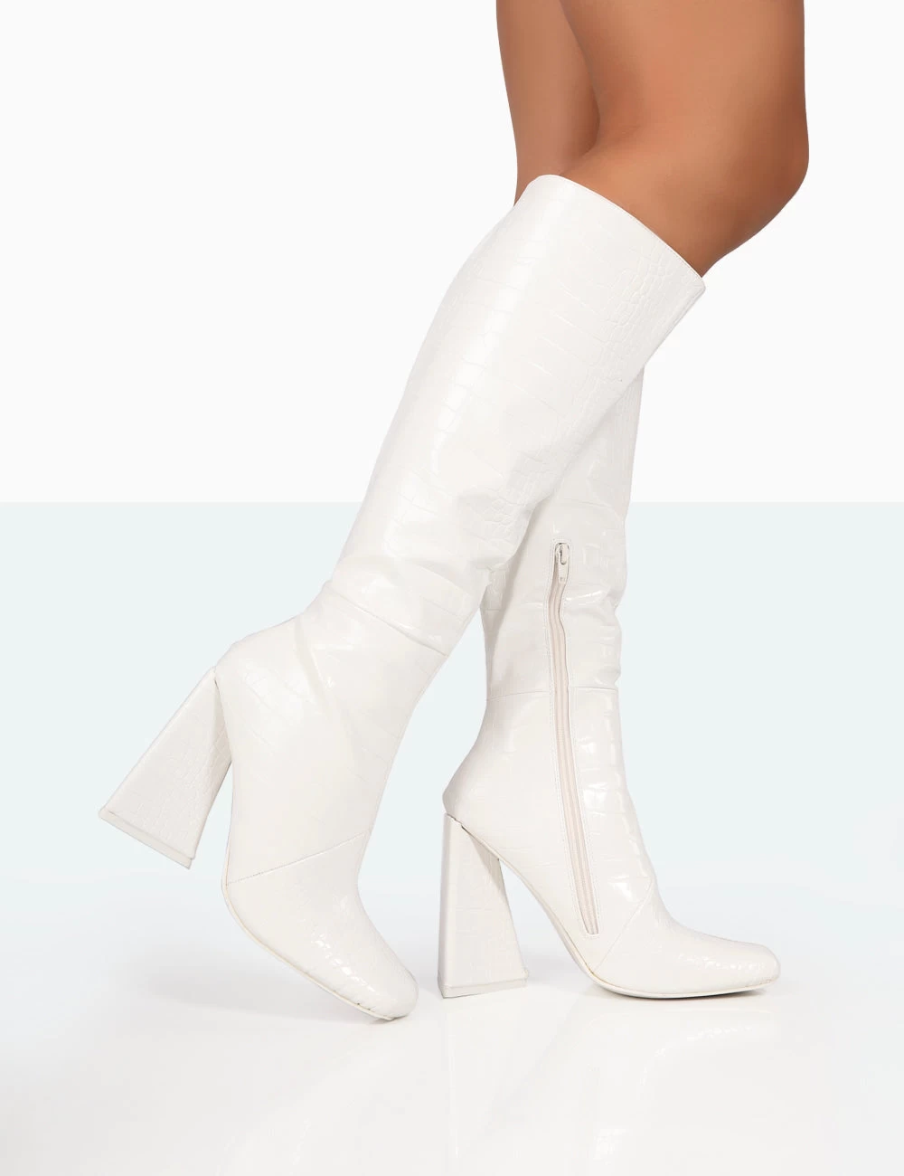 Senna White Croc Pu Knee High Block Heel Boots 3 Senna White Croc Pu Knee High Block Heel Boots