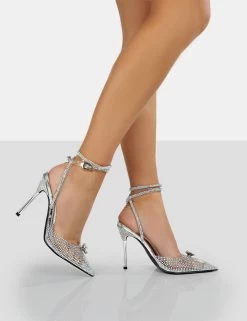 Glisten Silver Metallic Clear Diamante Wrap Around Pointed Toe Heels -Chic Footwear Shop 771A9184
