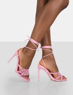 Seabreeze Pink Rope Woven Lace Up Square Toe Heels -Chic Footwear Shop 771A9211
