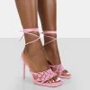 Seabreeze Pink Rope Woven Lace Up Square Toe Heels
