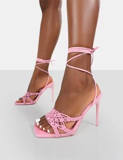 Seabreeze Pink Rope Woven Lace Up Square Toe Heels -Chic Footwear Shop 771A9214