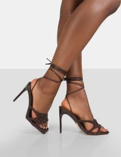 Seabreeze Chocolate Rope Woven Lace Up Square Toe Heels -Chic Footwear Shop 771A9216