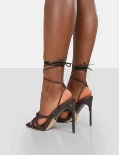 Seabreeze Chocolate Rope Woven Lace Up Square Toe Heels -Chic Footwear Shop 771A9218