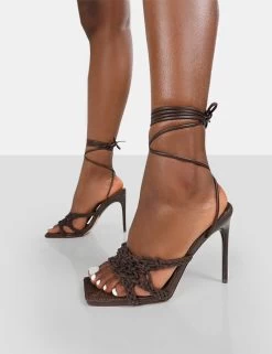 Seabreeze Chocolate Rope Woven Lace Up Square Toe Heels -Chic Footwear Shop 771A9219