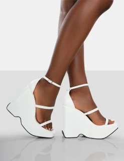 Duke White Strappy Square Toe Platform Wedge High Heels -Chic Footwear Shop 771A9249