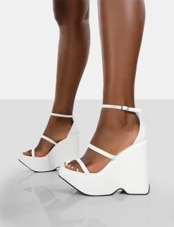 Duke White Strappy Square Toe Platform Wedge High Heels -Chic Footwear Shop 771A9253