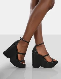 Duke Black Strappy Square Toe Platform Wedge High Heels -Chic Footwear Shop 771A9255