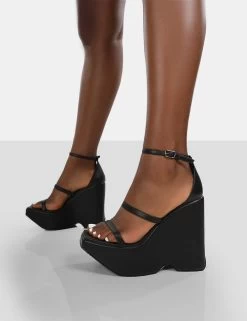 Duke Black Strappy Square Toe Platform Wedge High Heels -Chic Footwear Shop 771A9258