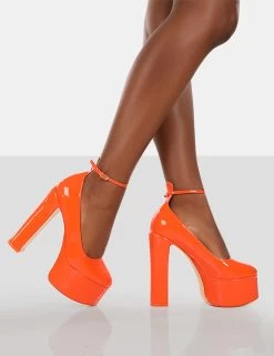 Donatella Orange Patent Ankle Strap Block Heel Platform Court Shoes -Chic Footwear Shop 771A9260