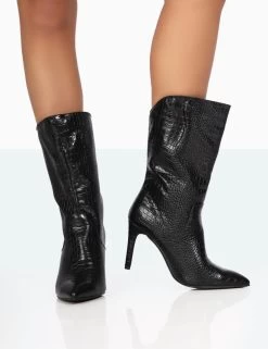 Lisel Wide Fit Black Croc Pu Pointed Toe Stiletto Heeled Ankle Boots -Chic Footwear Shop 771A9263 e393c774 05df 4cd7 9166 23c11c5a40f7