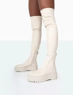 Pheonixe Ecru Pu Chunky Sole Round Toe Over The Knee Boots 8 Pheonixe Ecru Pu Chunky Sole Round Toe Over The Knee Boots -Chic Footwear Shop 771A9898
