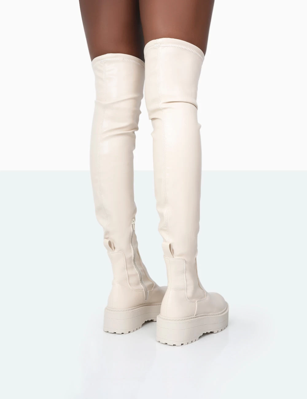 Pheonixe Ecru Pu Chunky Sole Round Toe Over The Knee Boots 6 Pheonixe Ecru Pu Chunky Sole Round Toe Over The Knee Boots - Image 4