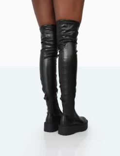 Pheonixe Black Pu Chunky Sole Round Toe Over The Knee Boots -Chic Footwear Shop 771A9909 e6eb317a 923b 43ad 8c7b 58b92240b47a