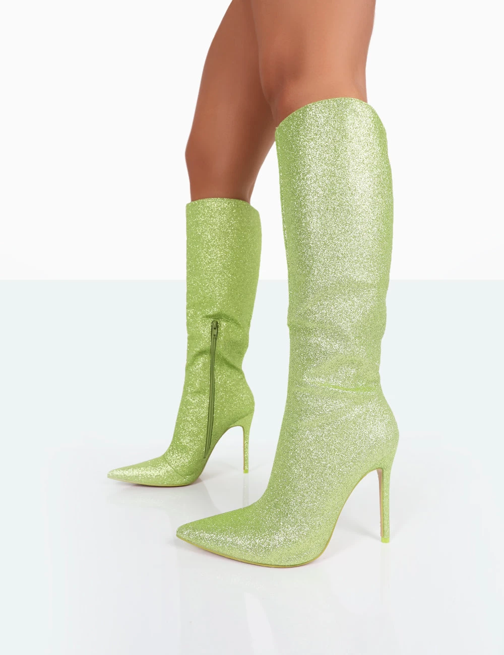 Diva Lime Glitter Pointed Toe Stiletto Knee High Boots 4 Diva Lime Glitter Pointed Toe Stiletto Knee High Boots - Image 2