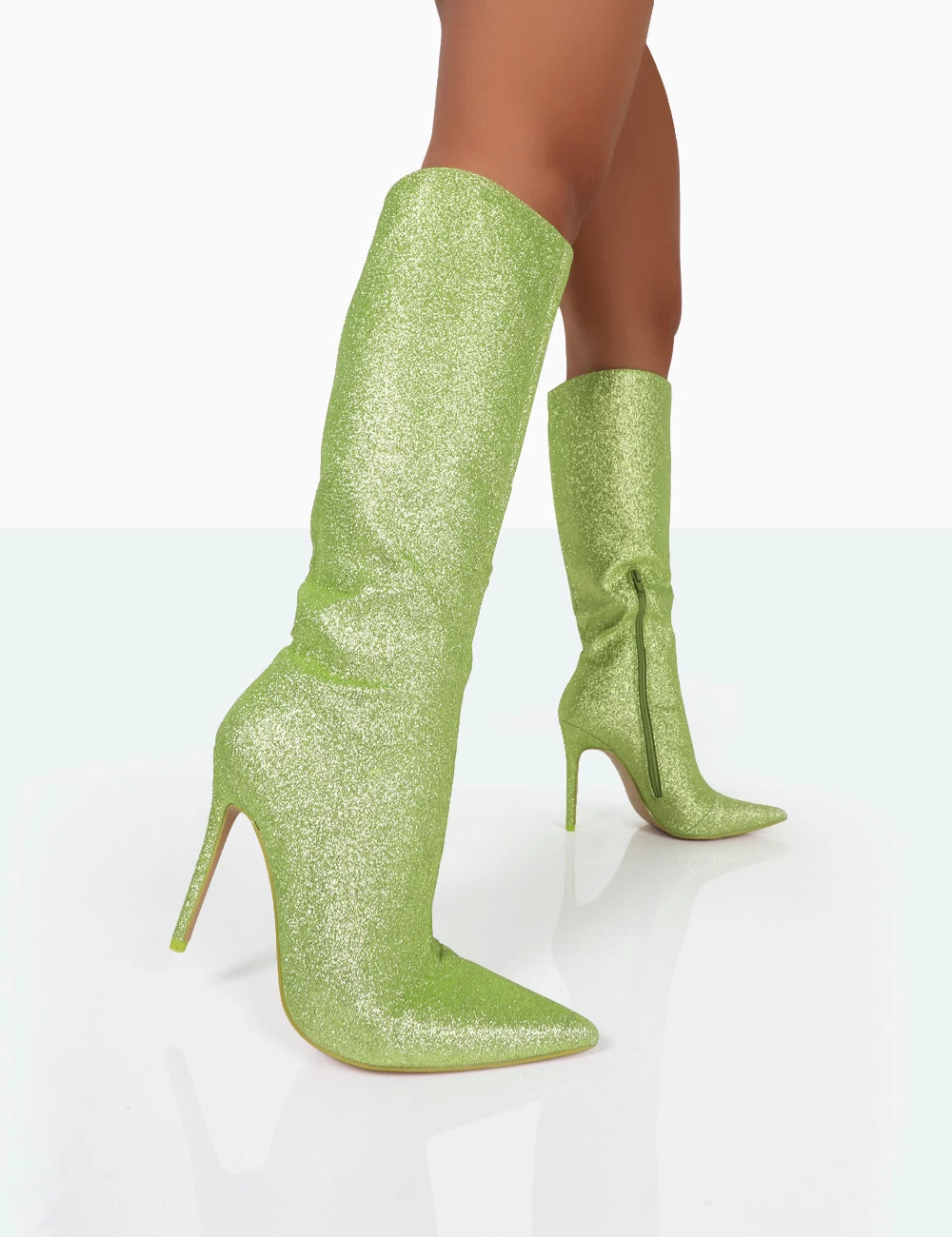 Diva Lime Glitter Pointed Toe Stiletto Knee High Boots 3 Diva Lime Glitter Pointed Toe Stiletto Knee High Boots