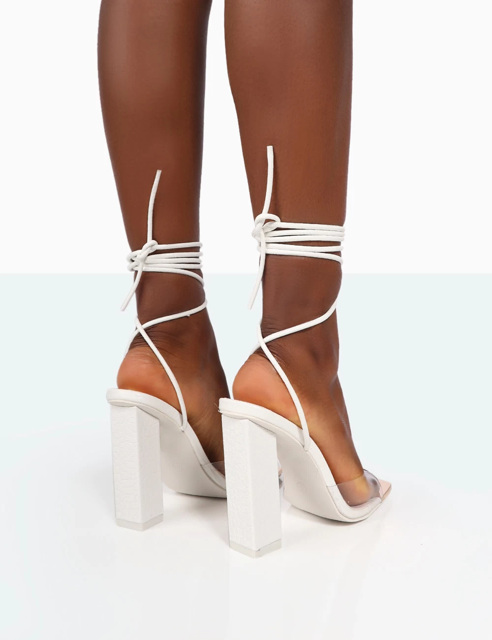 Date-Night Wide Fit White Croc Lace Up Clear Perspex Square Toe Heels 6 Date-Night Wide Fit White Croc Lace Up Clear Perspex Square Toe Heels - Image 4