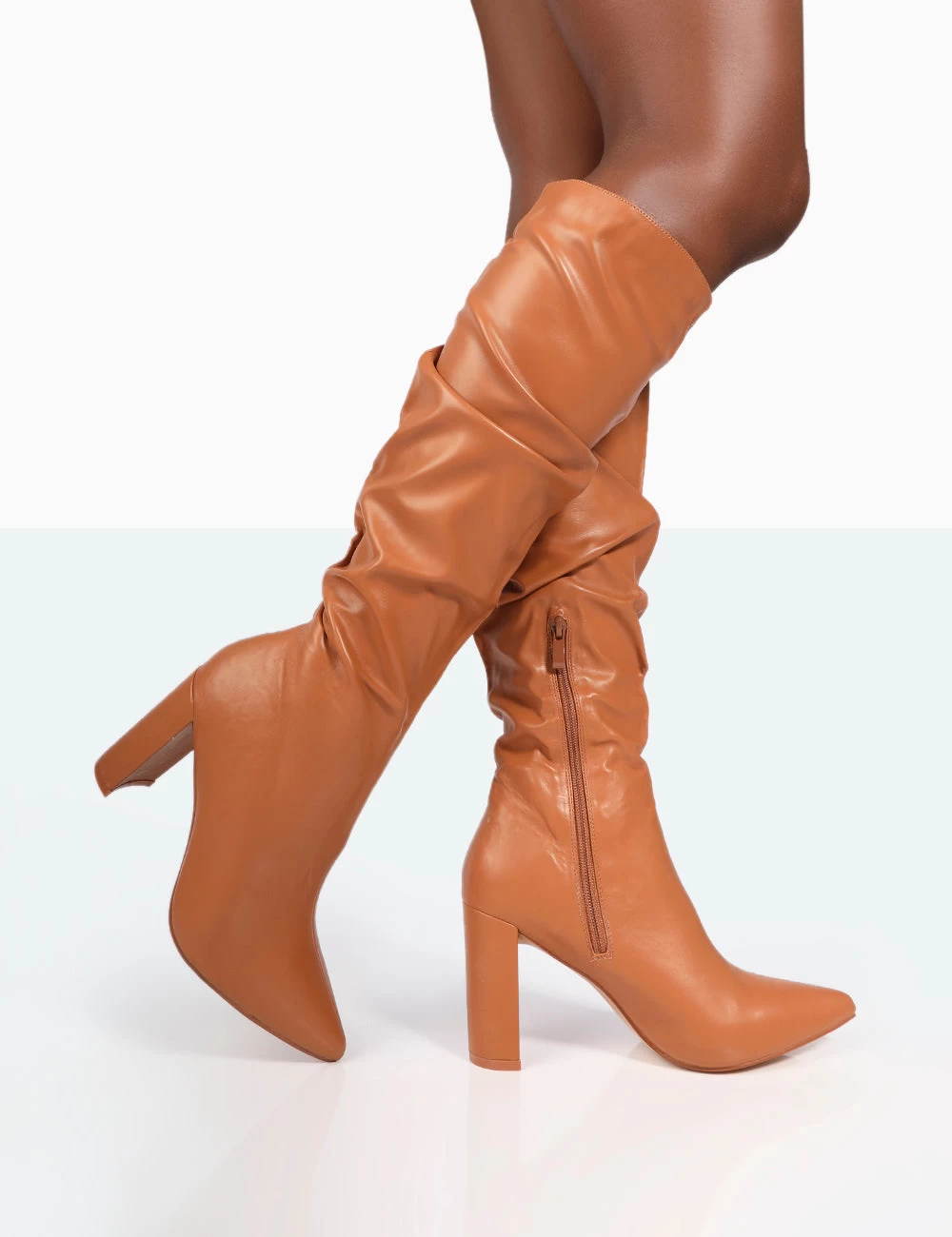 Mine Caramel PU Pointed Toe Block Heeled Knee High Boots 3 Mine Caramel PU Pointed Toe Block Heeled Knee High Boots