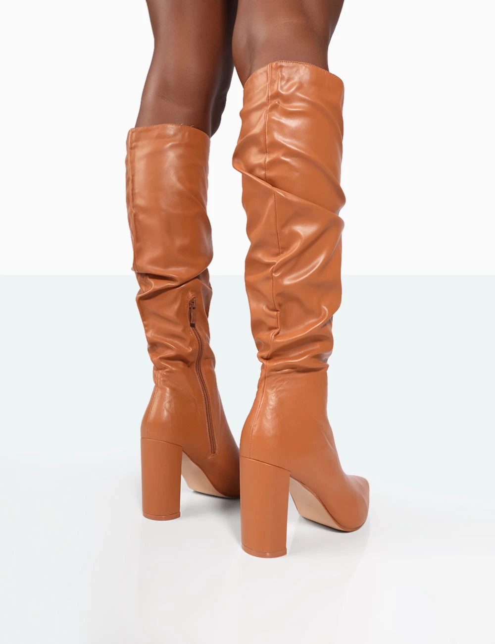 Mine Caramel PU Pointed Toe Block Heeled Knee High Boots 6 Mine Caramel PU Pointed Toe Block Heeled Knee High Boots - Image 4
