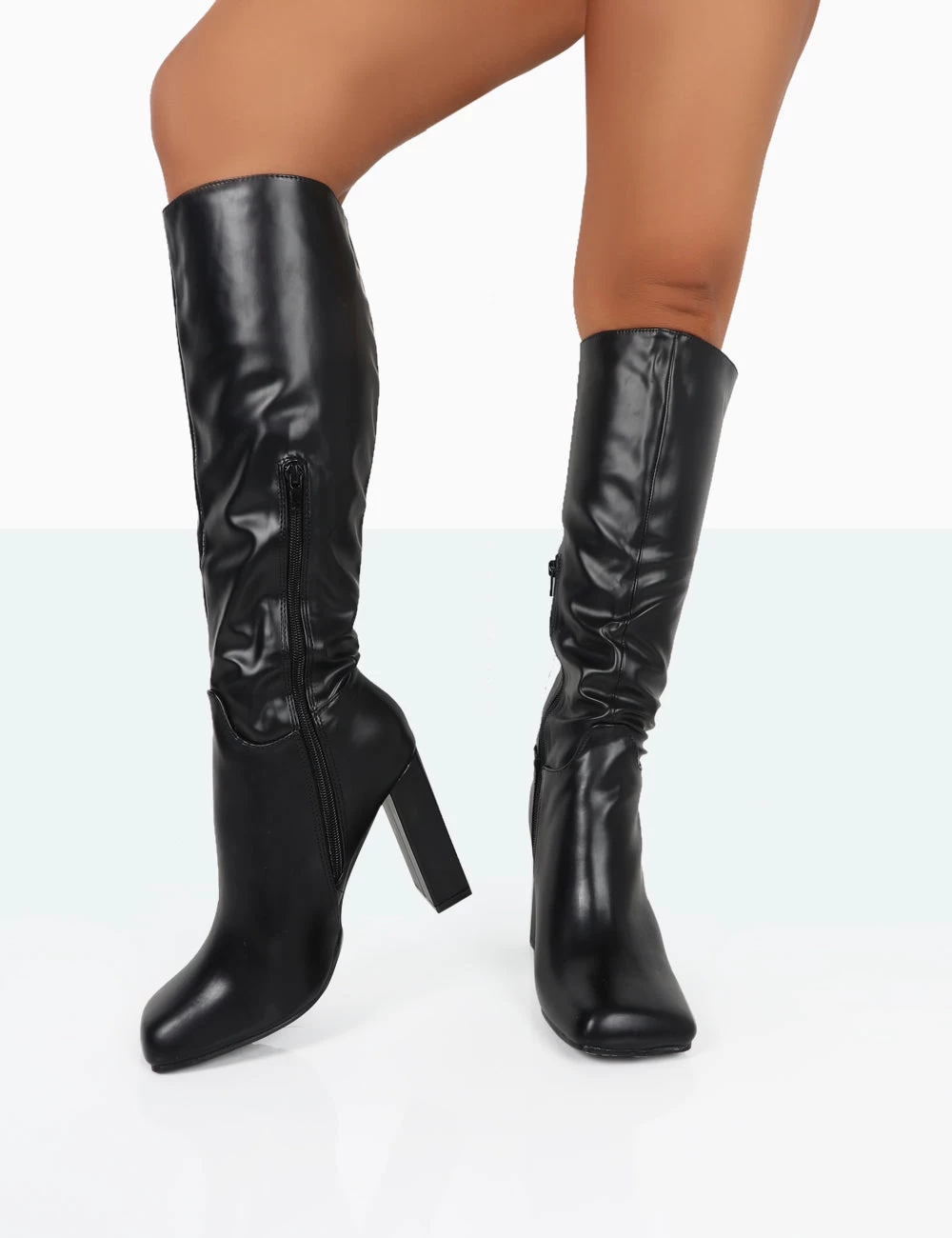 Gia Black Box PU Square Toe Block Heel Knee High Boots 4 Gia Black Box PU Square Toe Block Heel Knee High Boots - Image 2