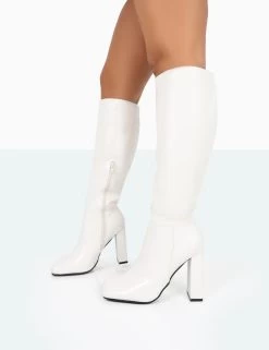 Gia Ecru Box PU Square Toe Block Heel Knee High Boots -Chic Footwear Shop 771A9958