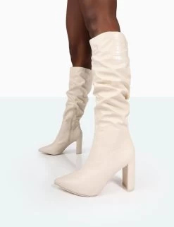 Mine Ecru Croc Pointed Toe Block Heeled Knee High Boots -Chic Footwear Shop 771A9959 1d26f9d7 c47e 4f8d 9520 332b7c39f41c